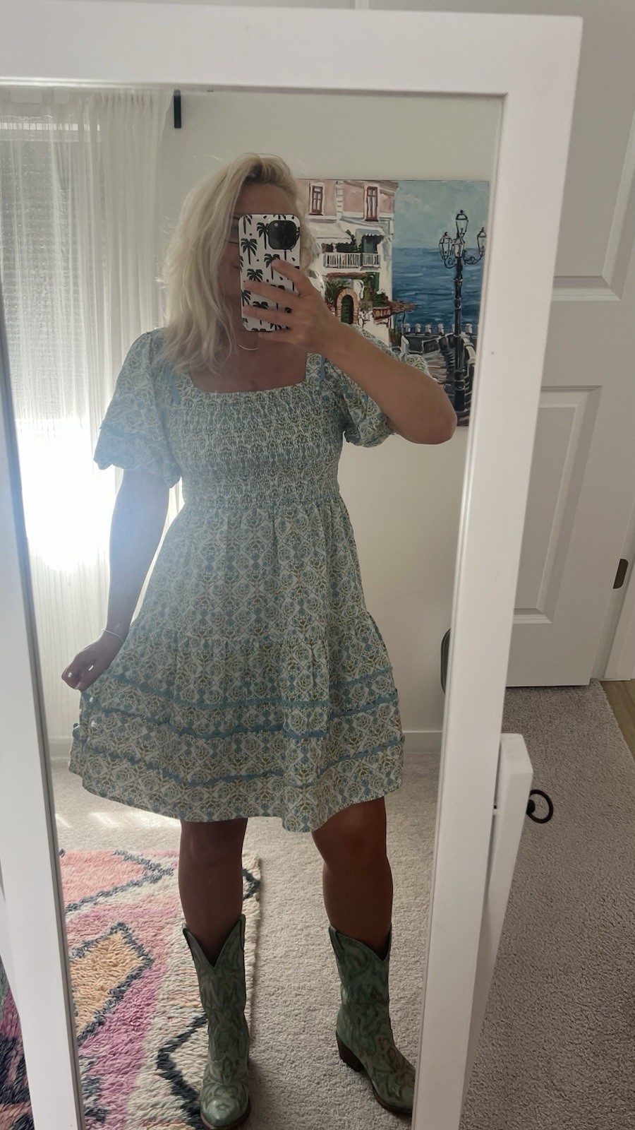 Blue & White Floral Square Neck Smocked Puff Sleeve Mini Dress Womens M