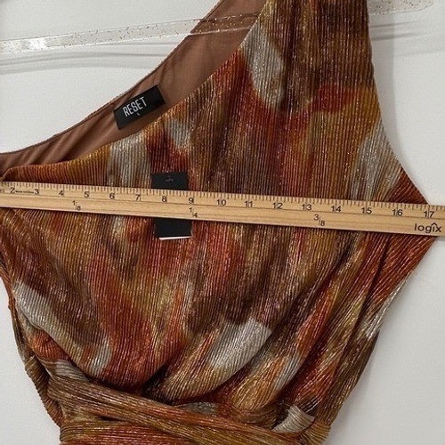 Reset by Jane Womens One Shoulder Metallic Plisse Mini Dress Copper Gold Large