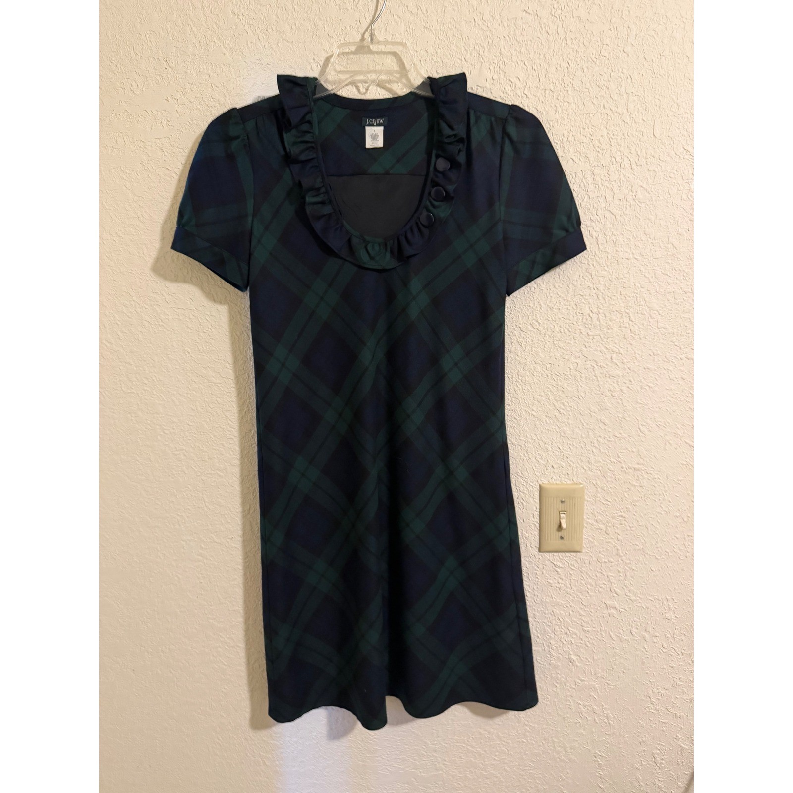 J.Crew Black Watch Plaid Wool Blend Ruffle Neck Shift Dress Blue Green 4