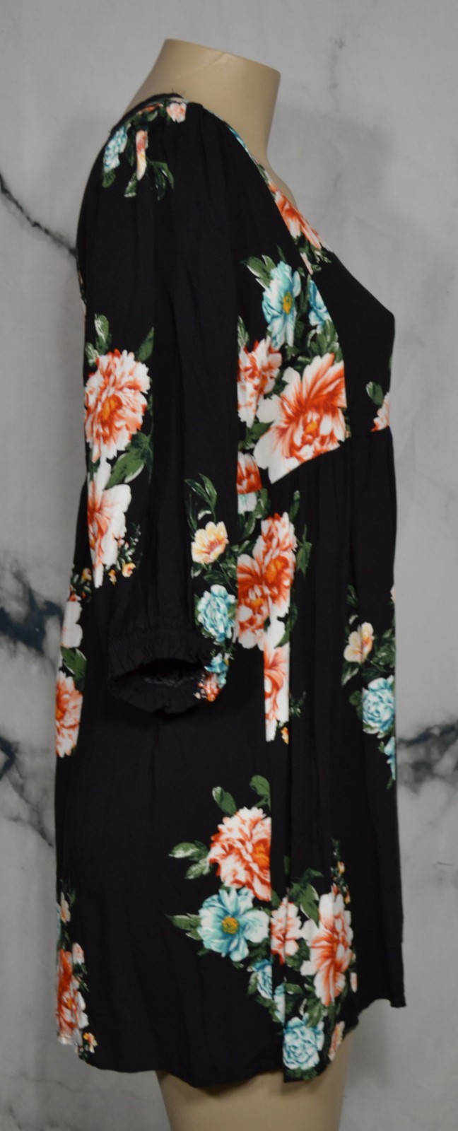 REMIXMESS Black Multicolor Floral Print Dress Tunic Medium 3/4 Sleeves Rayon