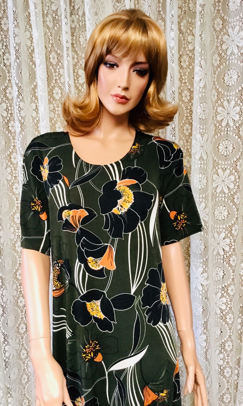 JOSTAR LONG DRESS Poly Spandex Slinky Knit TRAVEL OLIVE FLORAL S M L XL 2X 3X
