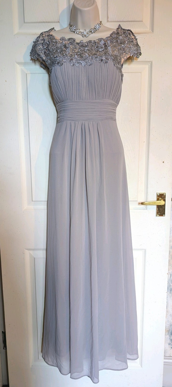 Beautiful Dove grey chiffon style embellished lace pleated Maxi Dress Sz 10