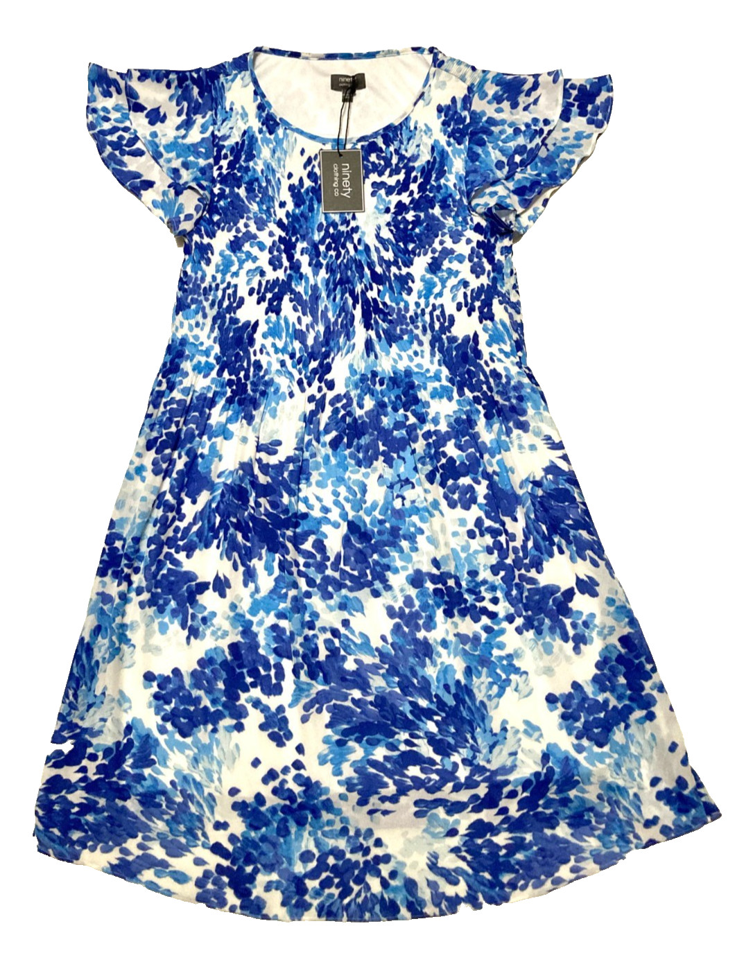 Chiffon Dress Flutter Sleeve A-Line Midi Blue White Smocked Top Flowy Airy Sz S