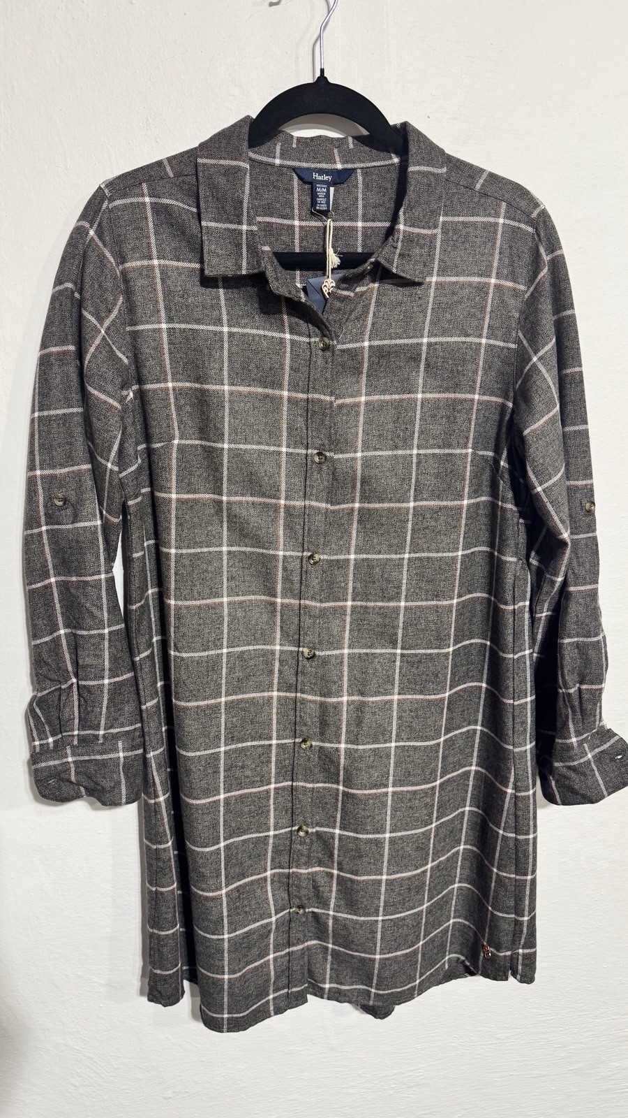 Hatley Cara Windowpane Charcoal Gray Plaid Button-Up Shirt Dress medium cotton