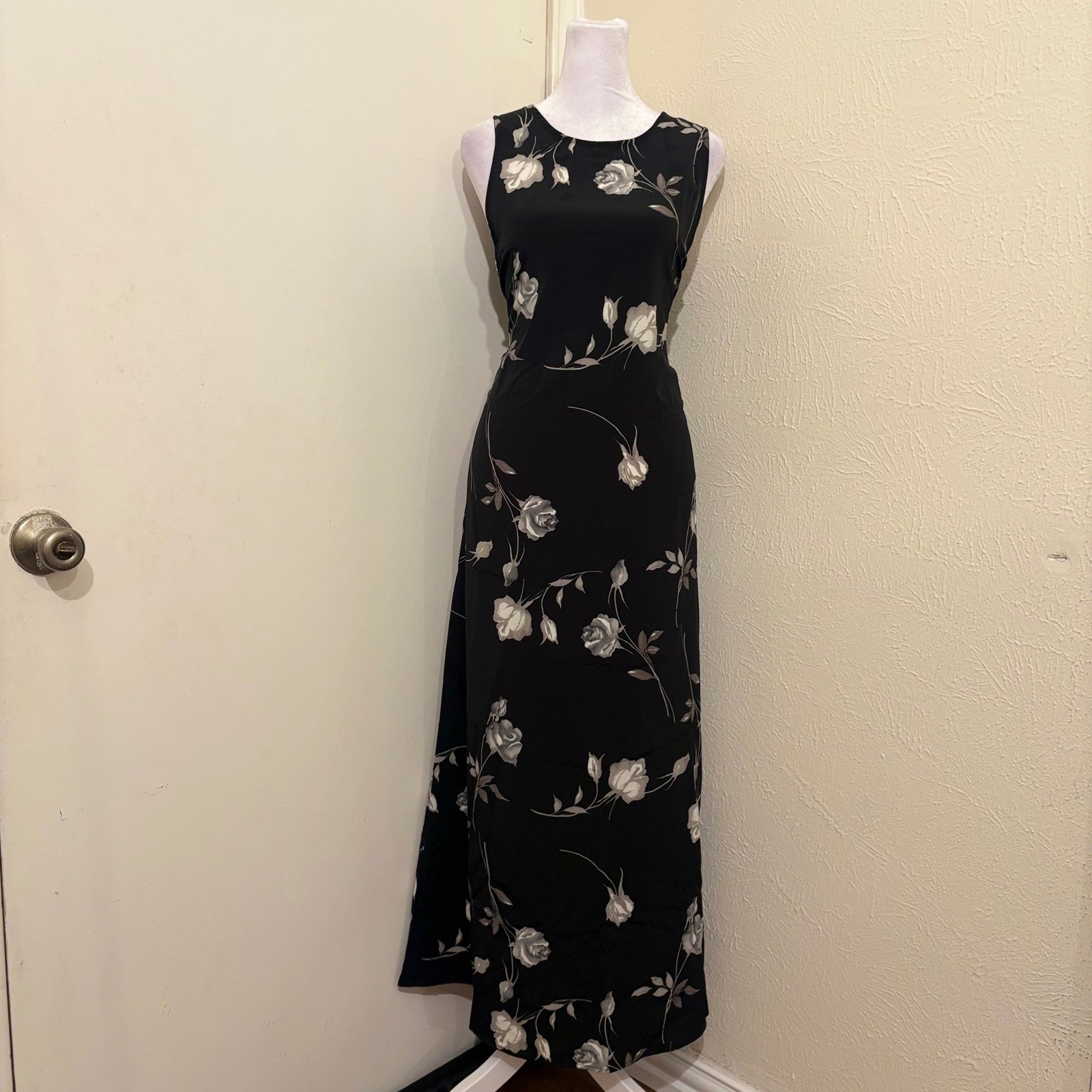 Vintage 90s Black Gray Floral Rose Corset Back Maxi Dress Sleeveless Goth Indie
