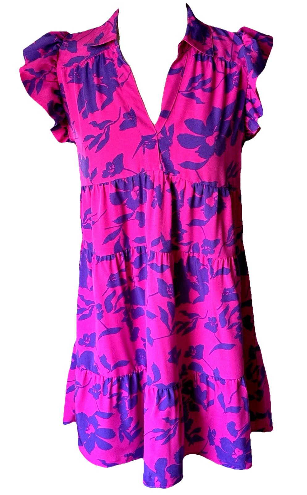 Umgee USA SzM Tiered Short Dress Ruffle Armhole Collared V-Neck Fuschia/Blue