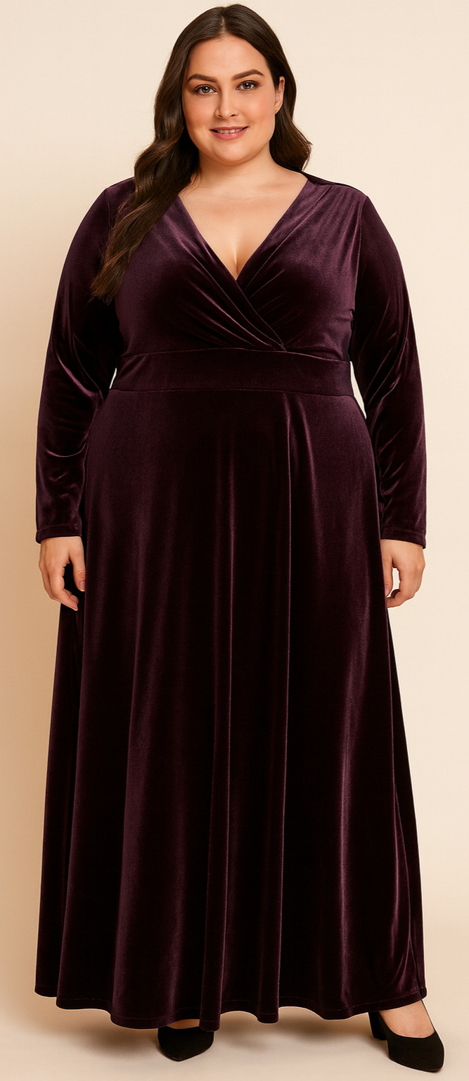 Velvet Dress Long Sleeves Cross over V-Neck Side Zipper Stretch 2XL New