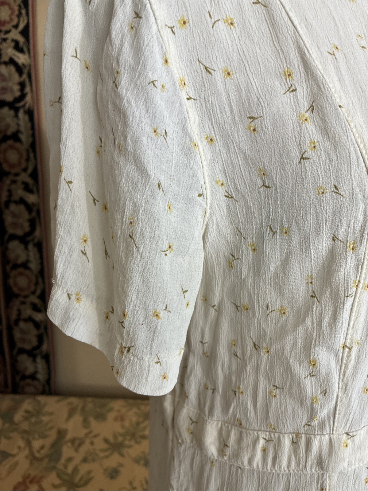 Sacred Threads Maxi Dress Boho Cottage 70s Hippie White Tiny Yellow Daisies