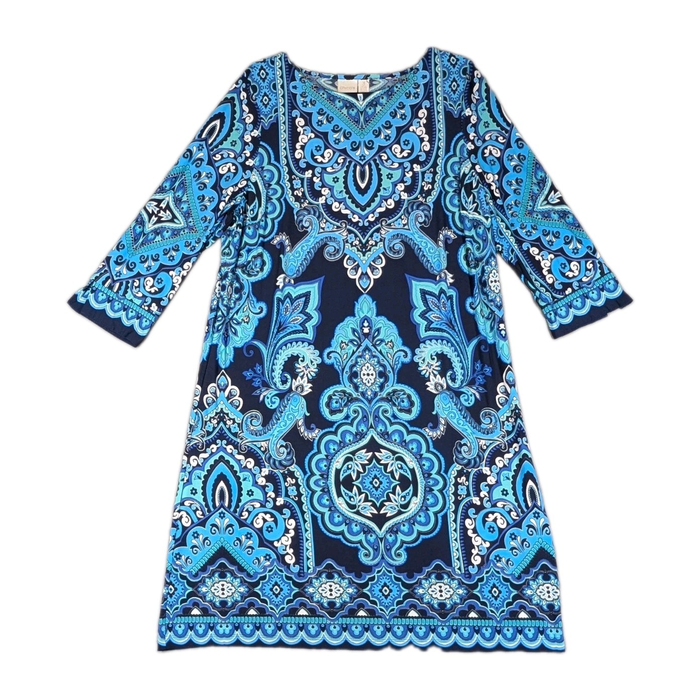 Chicos Womens 3XL Blue Paisley Shift Dress Stretch Career Casual Boho Midi Fit
