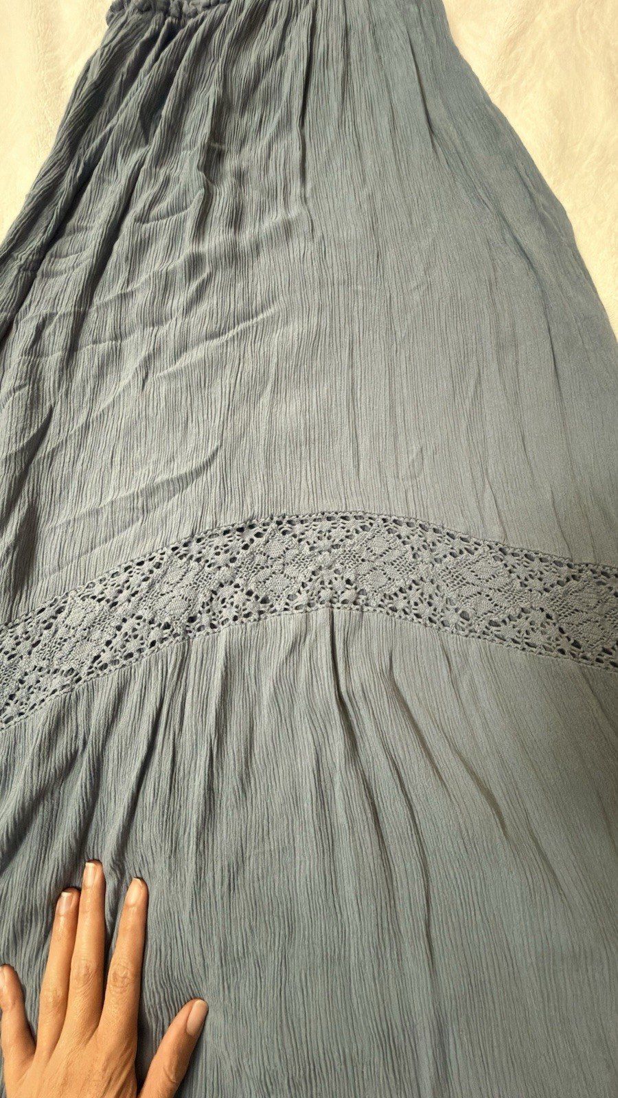 Boho Slate Blue Backless Halter Maxi Sundress – Tassel Tie & Crochet Trim