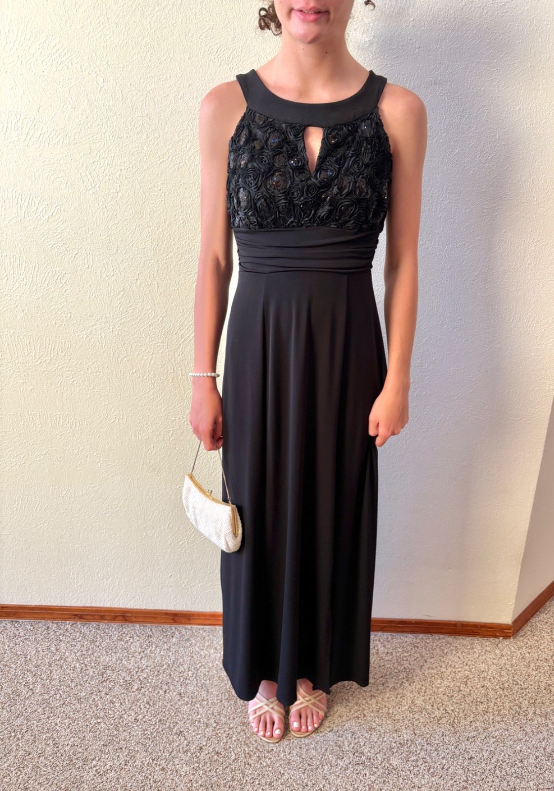 En Focus Studio empire waist sequin black formal evening dress, size 6