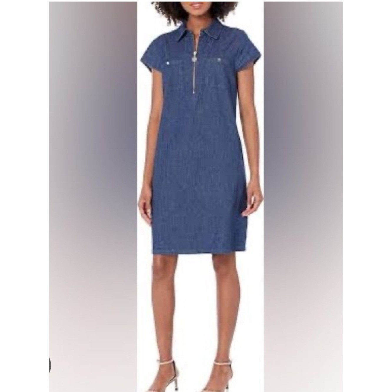 Anne Klein Denim Marcella Dress Cap Sleeve 1/4 Zip SZ Large Gold Tone Zipper