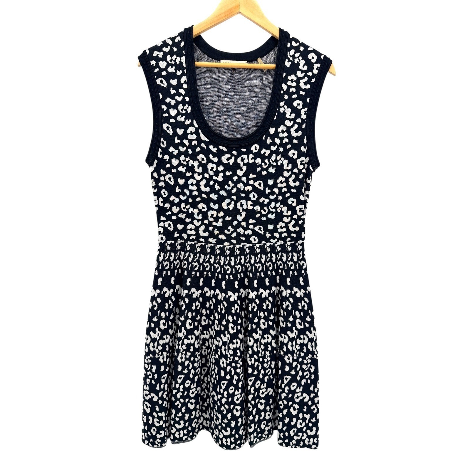 Rebecca Taylor Black White Leopard Print Knit Fit Flare Dress L Mod Work Preppy