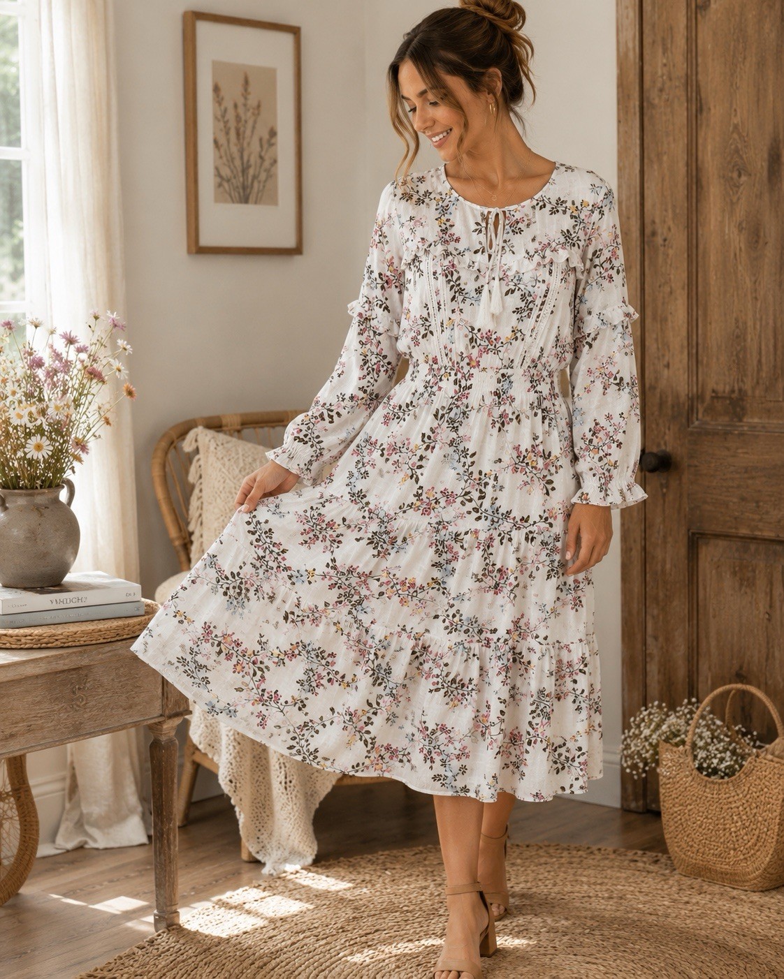 American Rag Cottagecore Floral Tiered Midi Dress Tassel Boho White Size M