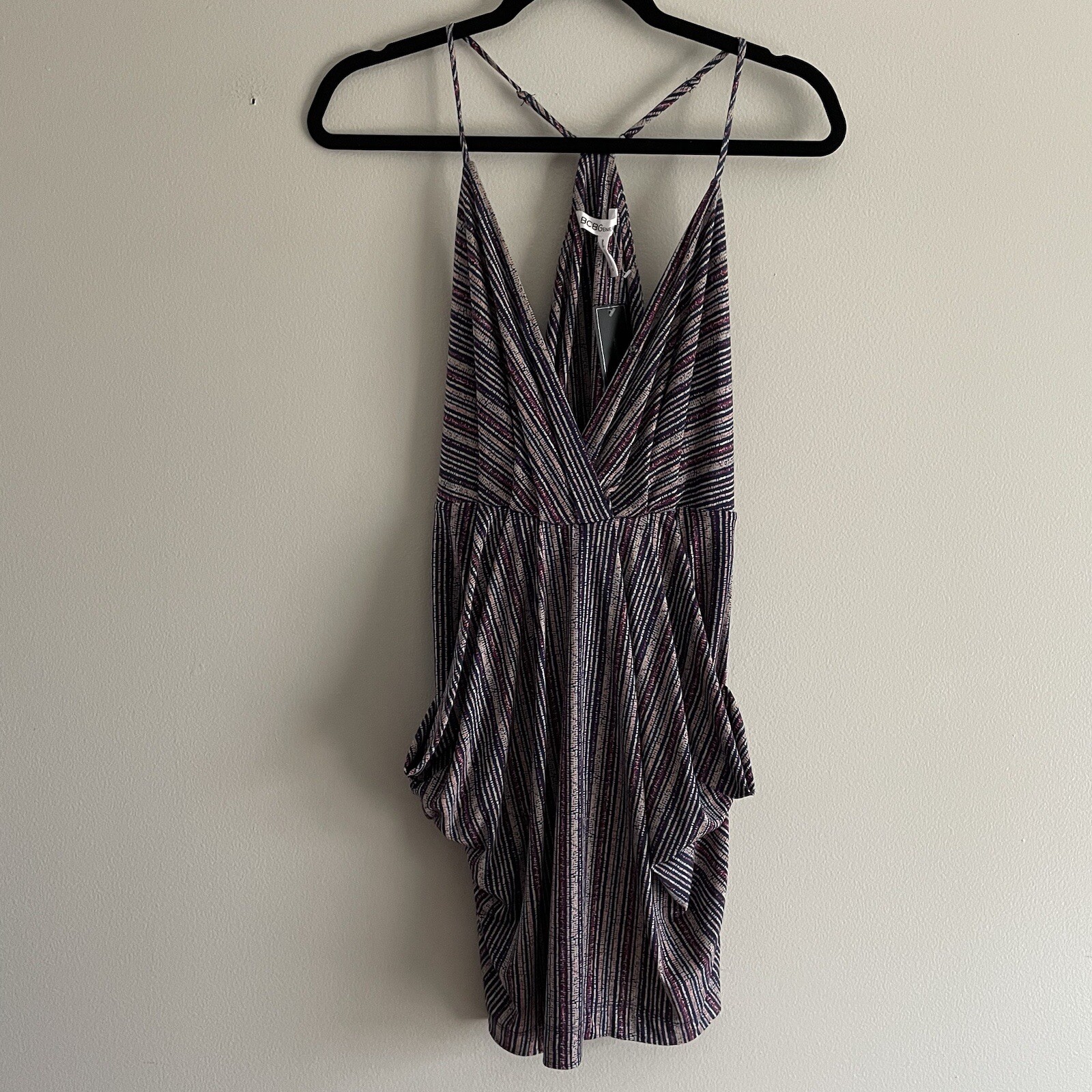 BCBGmaxazria Women SZ S Blue/Pink/White Combo Striped Racerback Strap Dress NWT