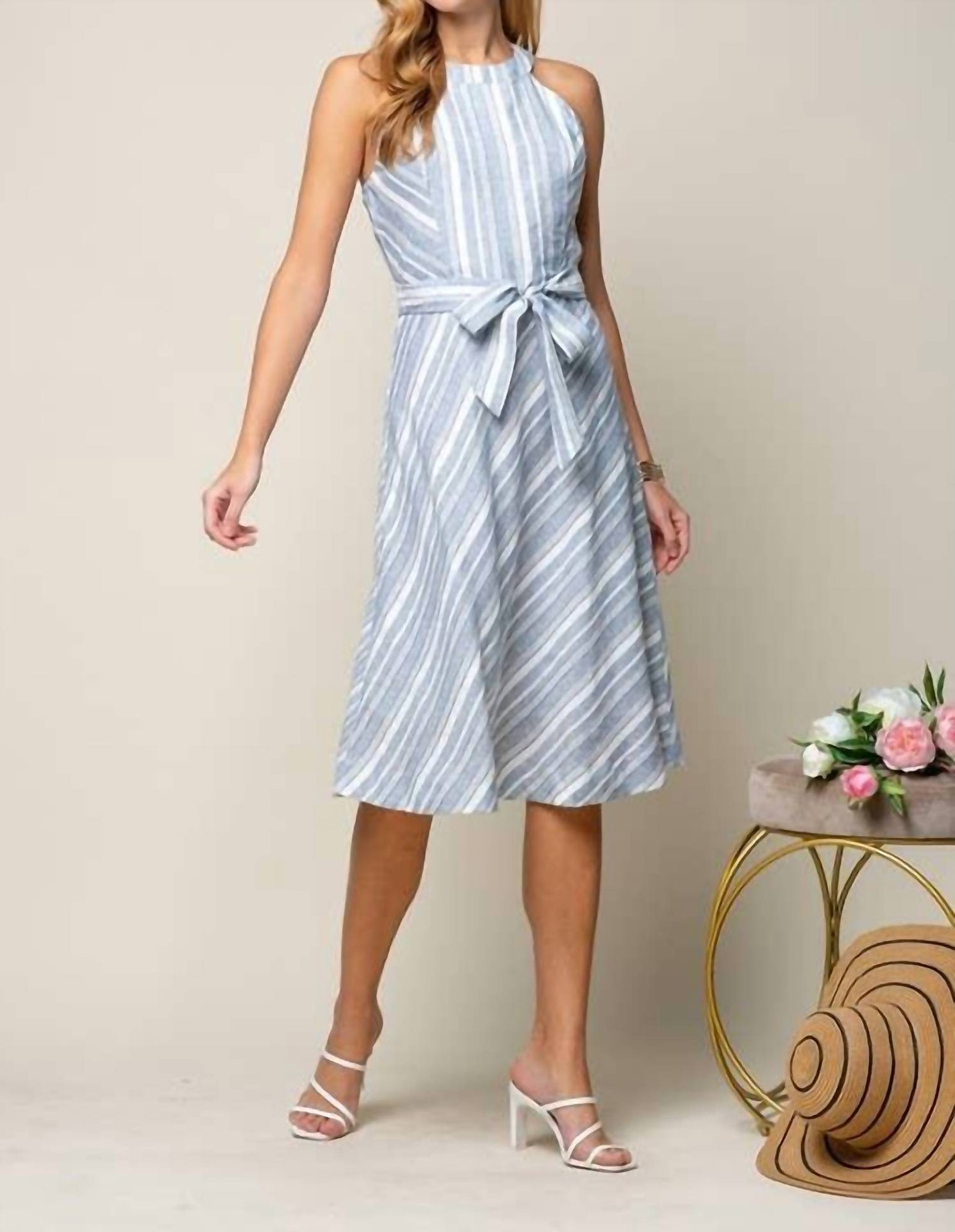 Doe And Rae Halter Neck Multiple Stripe Midi Dress Size L