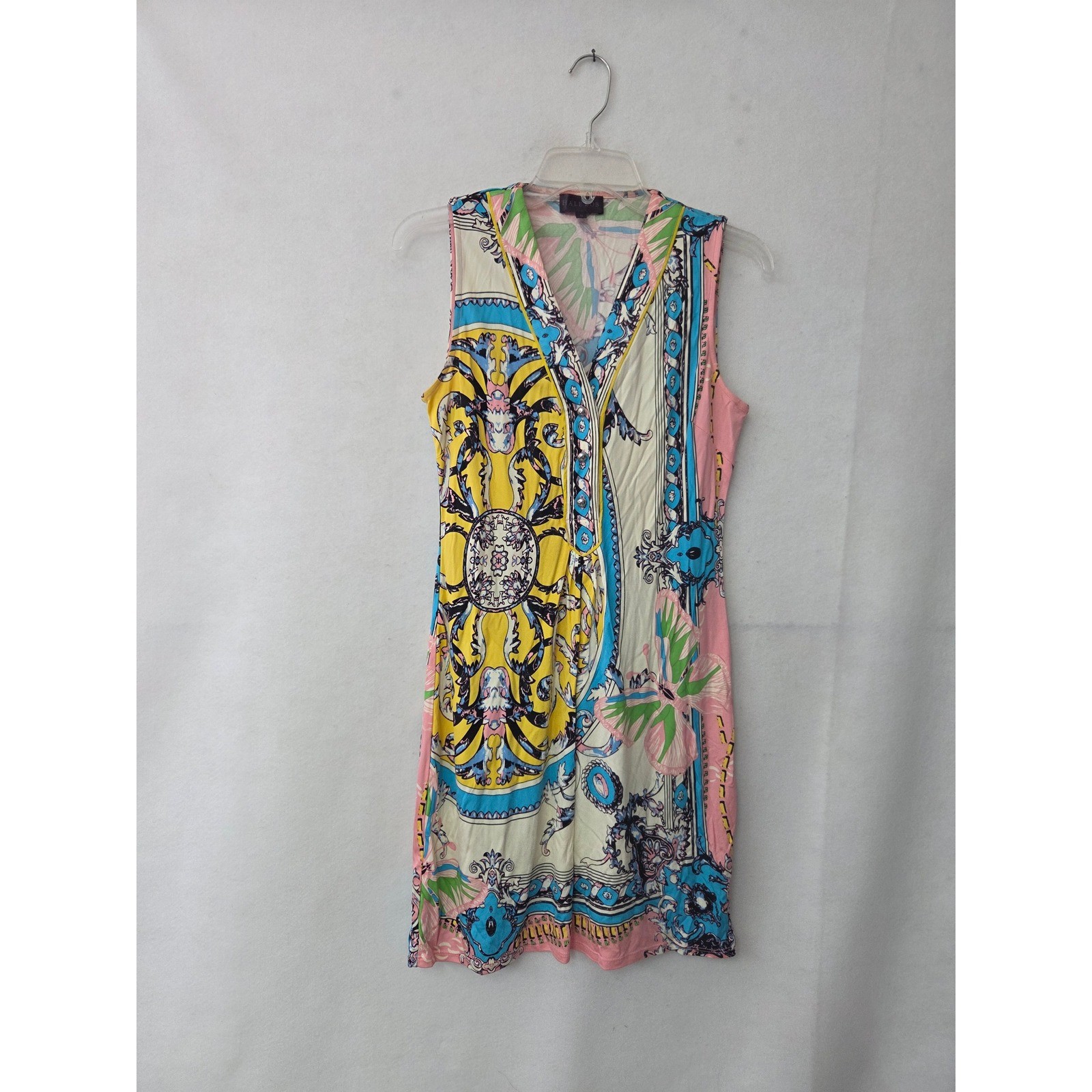 Hale Bob Silk Dress Womens Small Multi Color Scarf Print Sleeveless V-Neck