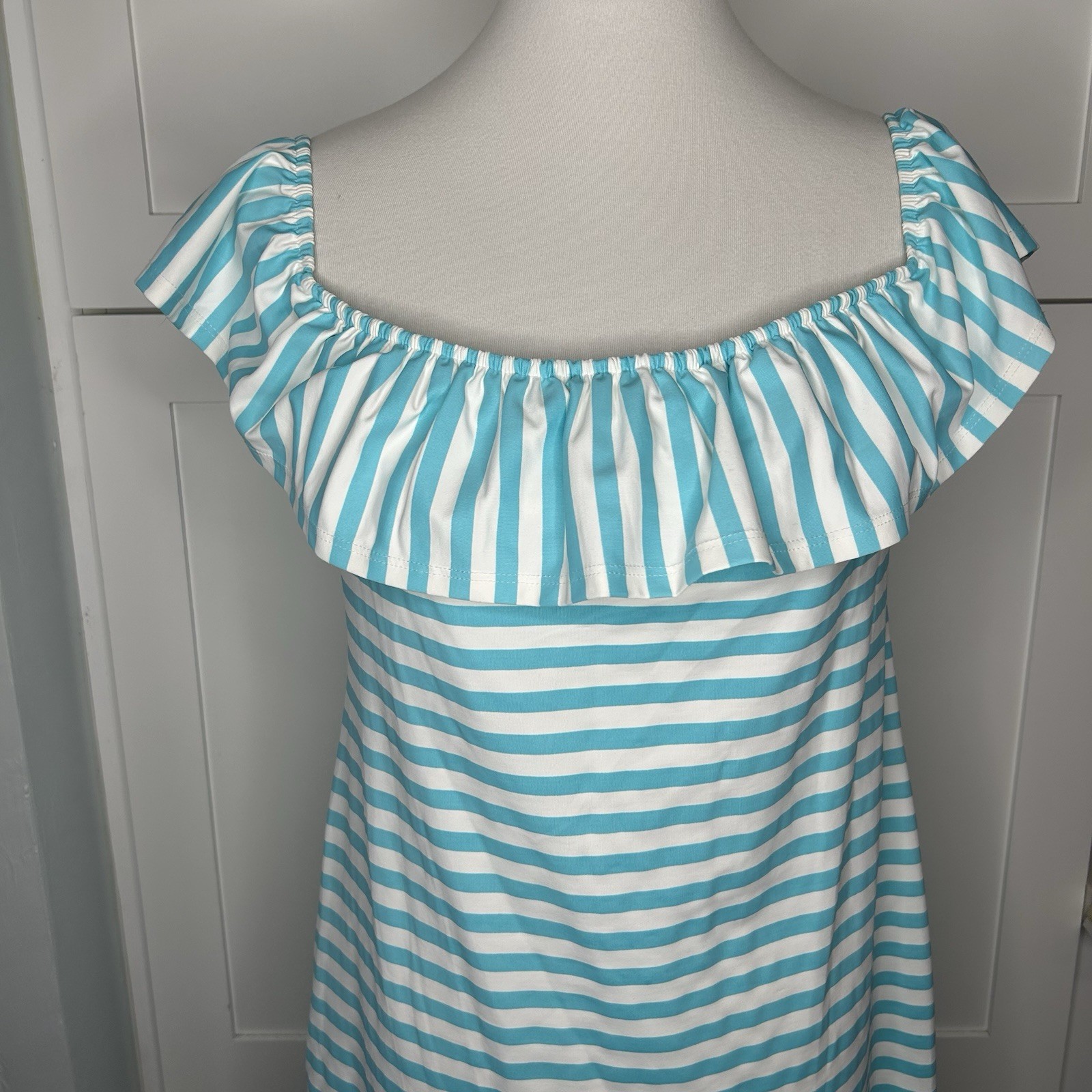 Sailor-Sailor Shoreline Striped Blue Dress Size XL Off the Shoulder Stretch