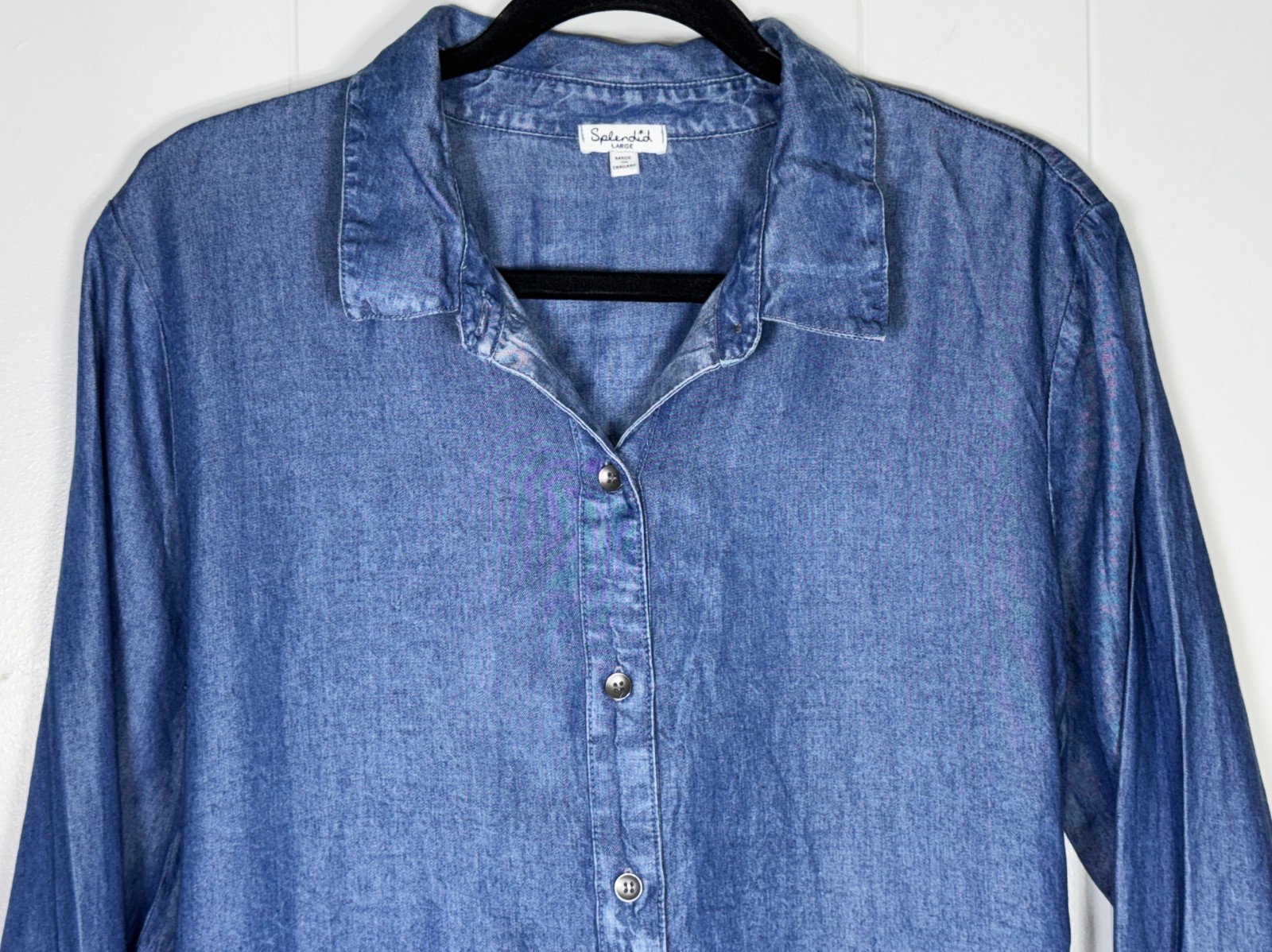 Splendid Blue Chambray Denim Tencel Button-Up Back Tie Roll Tab Shirt Dress L