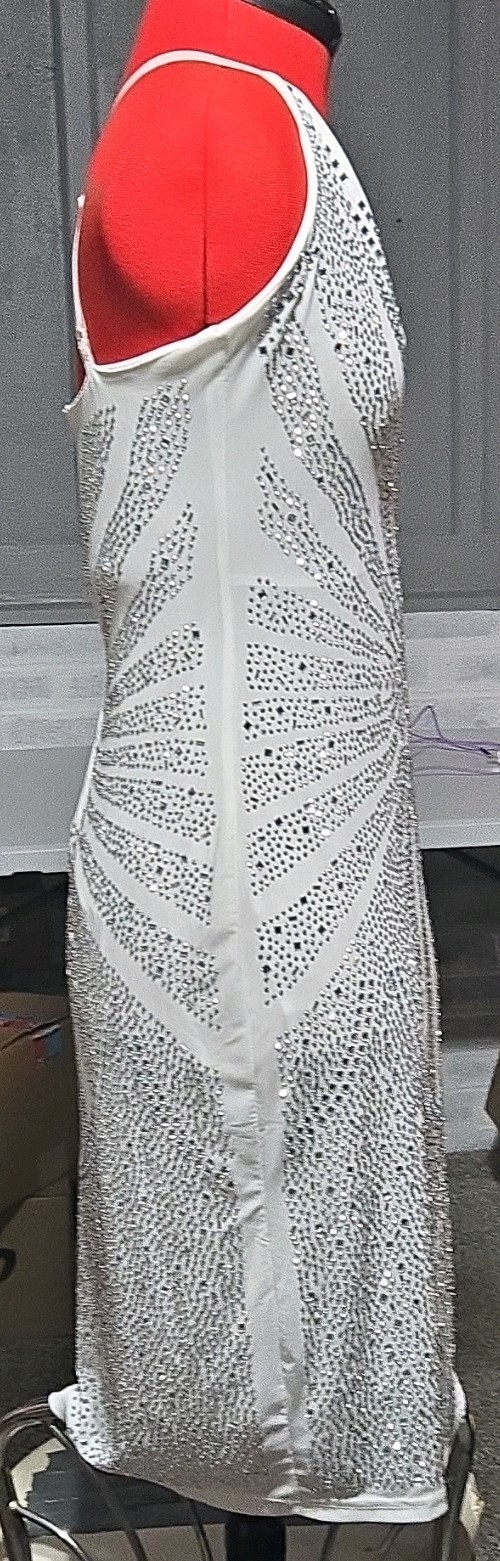 White Silver Rhinestone Bodycon Midi Dress M V-Neck Strappy Zip Stretch