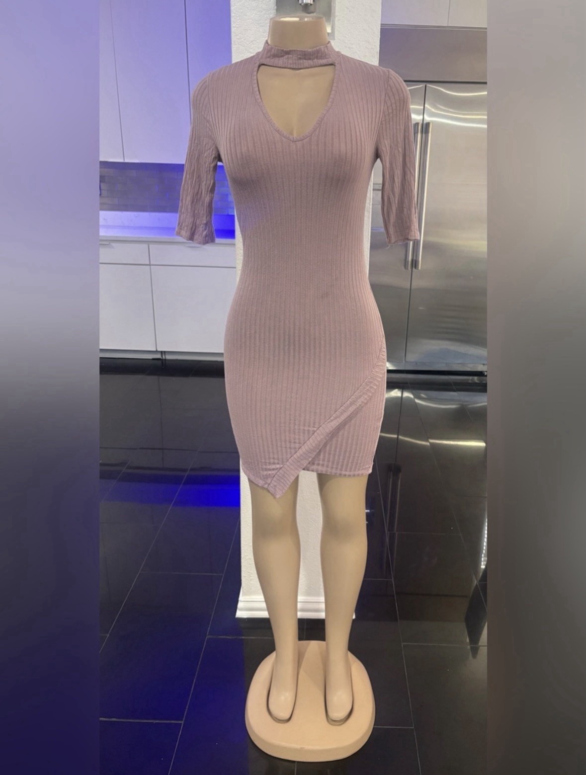 Heart & Hips Pink Ribbed V-Neck Bodycon Knee Length Dress Women S Stretch