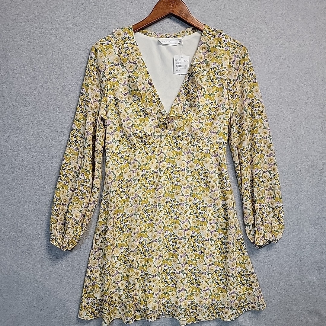 NWT All in Favor Yellow Floral Long Sleeve Chiffon Mini Dress Ruffle Women’s M