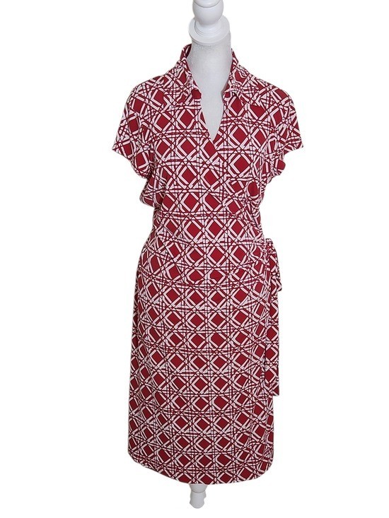 NY Collection Red and White Print Wrap Dress Size Large