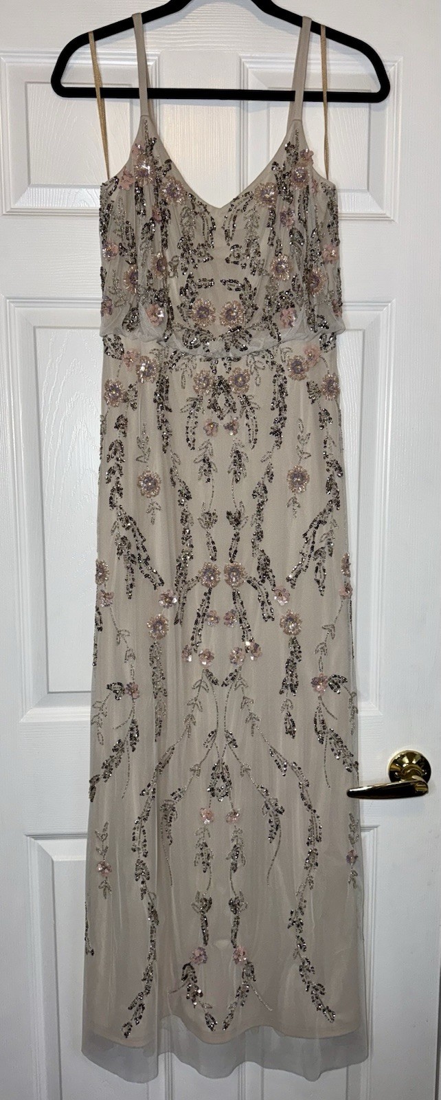ADRIANNA PAPELL Ivory Pink Silver Embellished Beaded Floral Mesh Blouson Gown 6