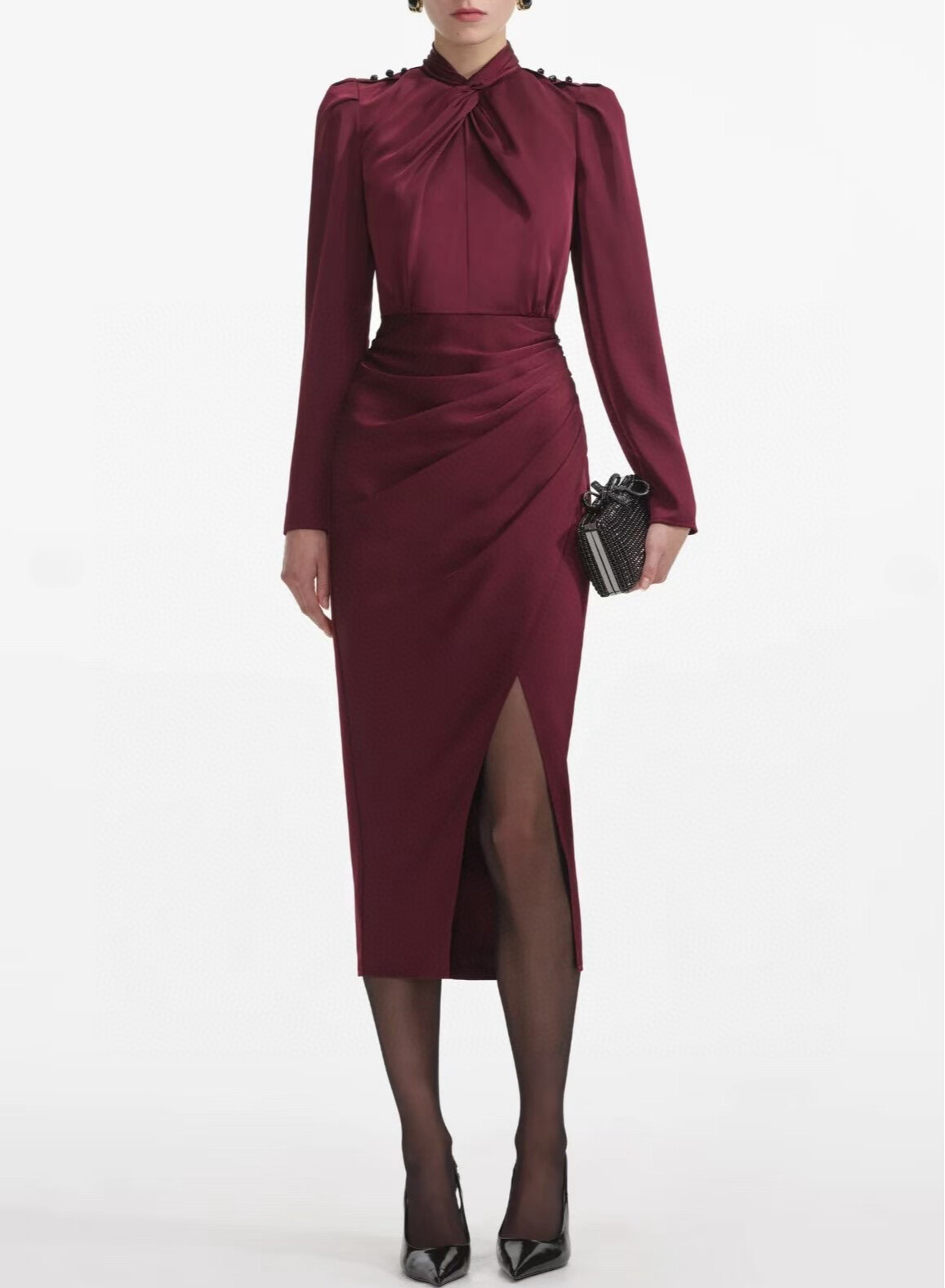 Womens Self-Portrait Stand Collar Long Sleeve A-line Midi Dress Red