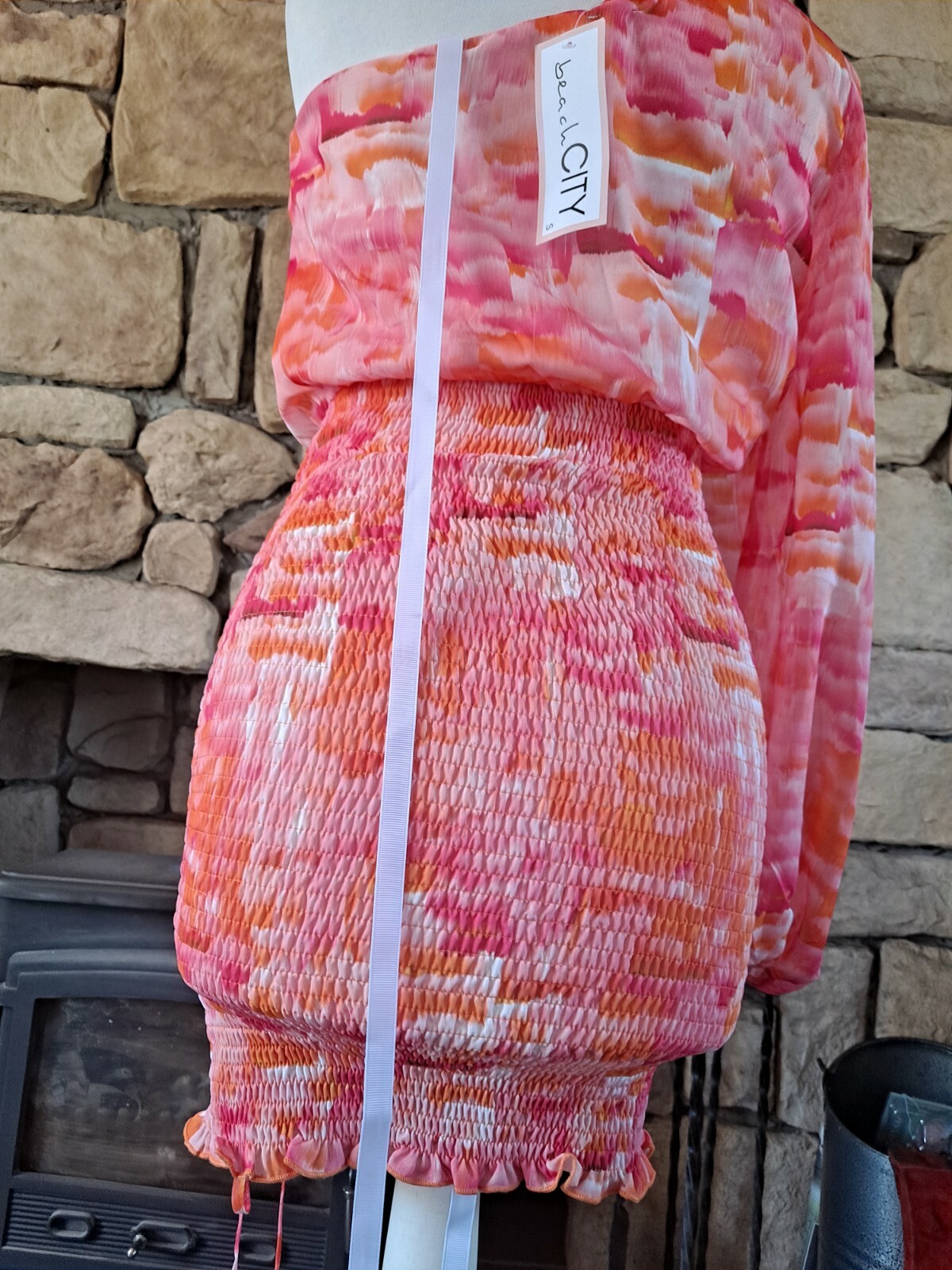Beach City One Shoulder Pink Orange Dress Elasticated Runched Skirt Size S BNWT