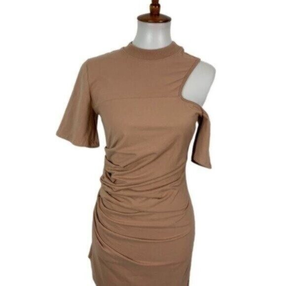Revolve Dress H Hours Small Tan Short Sleeve Bodycon Sexy Chic Trendy