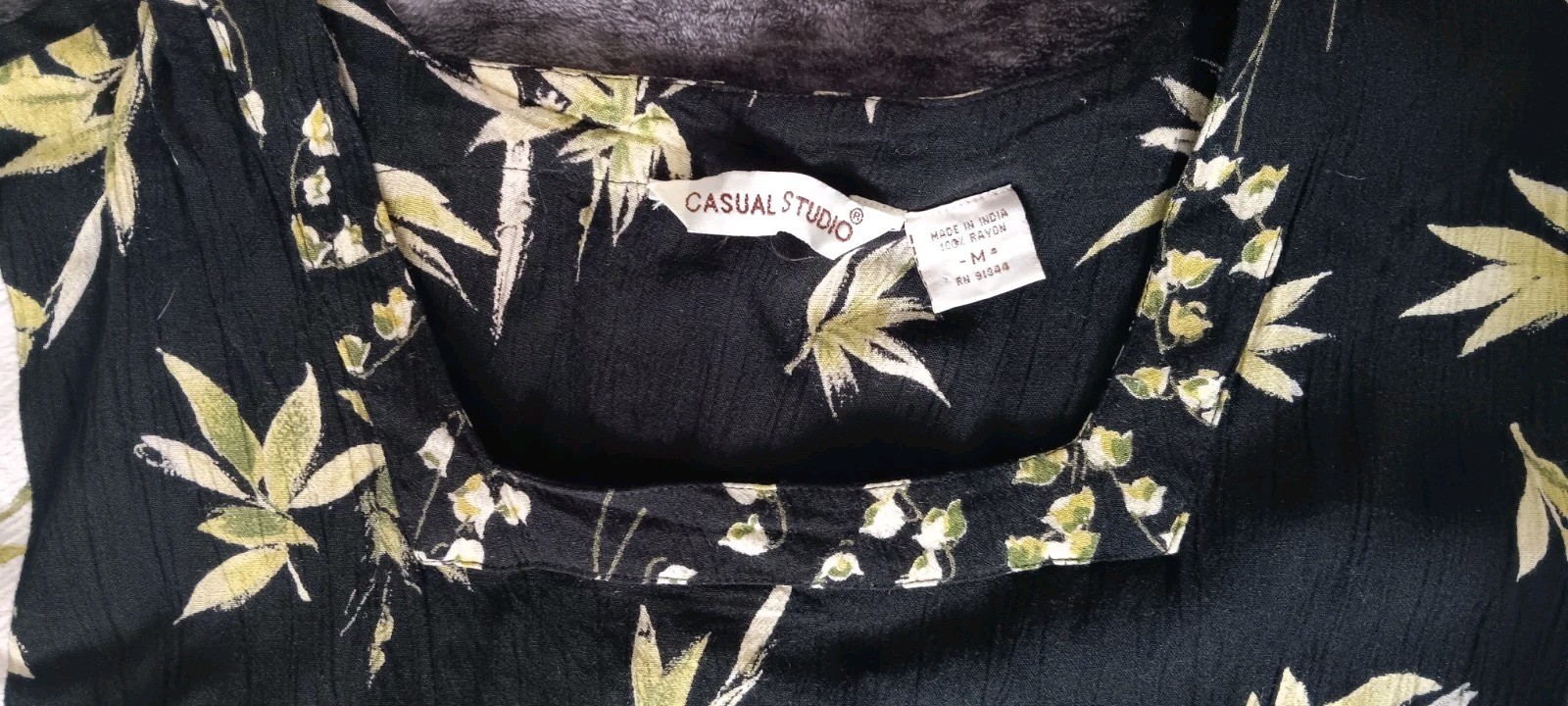 Vintage CASUAL STUDIO Black/GreenFloral Linen Dress Square Neck Short Sleeve M