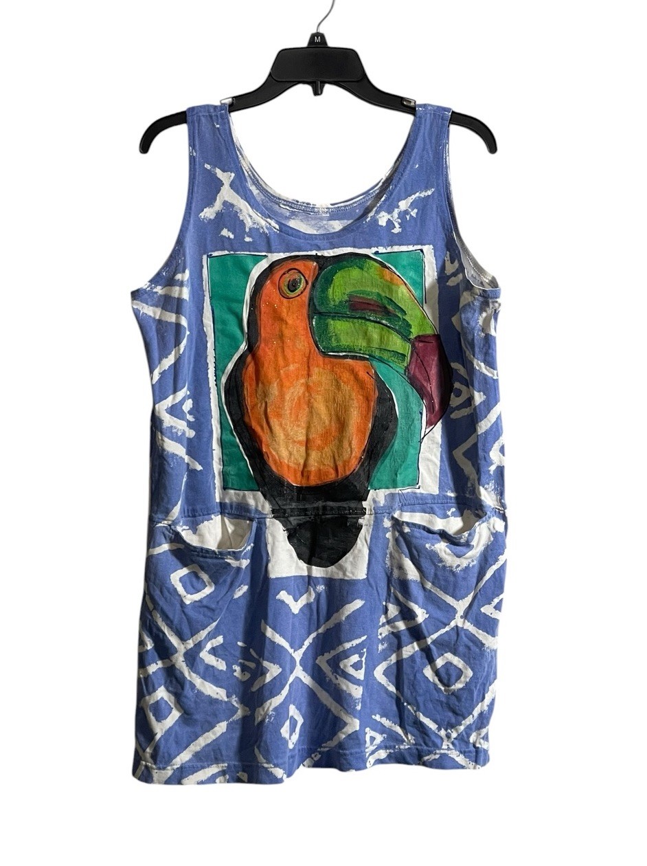 Vtg Med Wearable Art Tank Dress Hand Painted Tropical Bird Toucan Tribal Resort