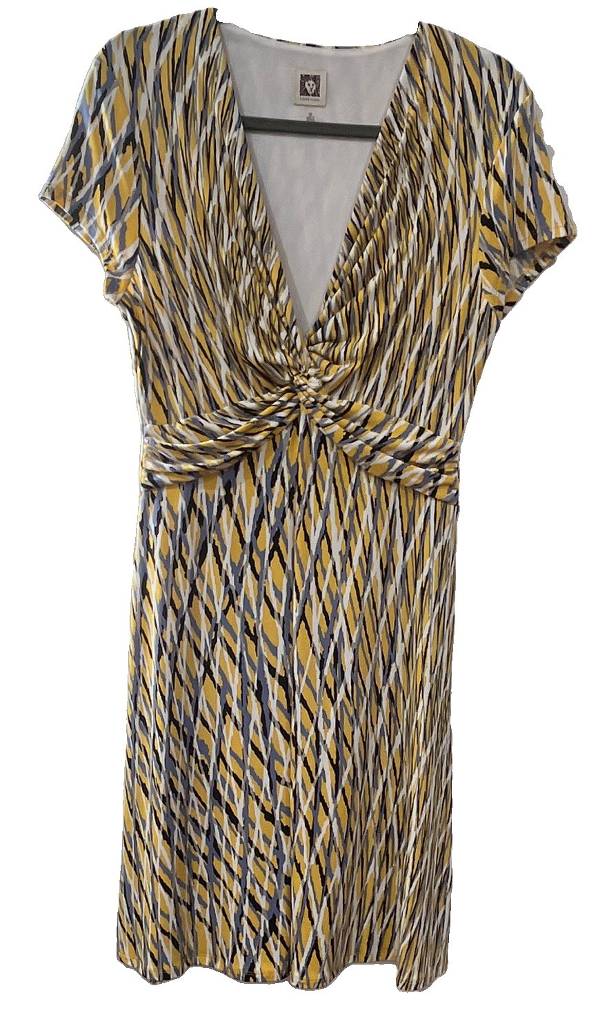 Anne Klein Women’s 10 Yellow/Black/White Abstract Sheath V-Neck Twist Dress Fun
