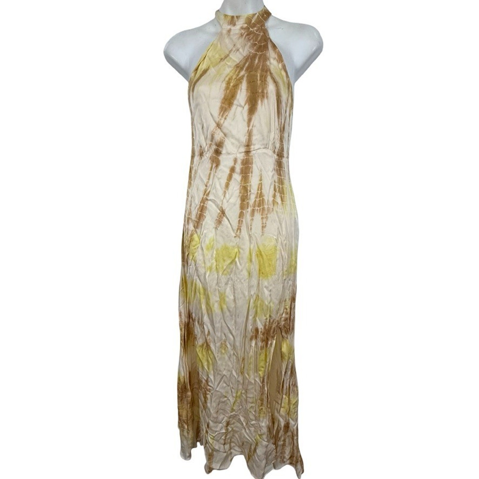 Stradivarius Yellow Satin Tie Dye Halter Neck Maxi Dress Lined NWT Womens sz M