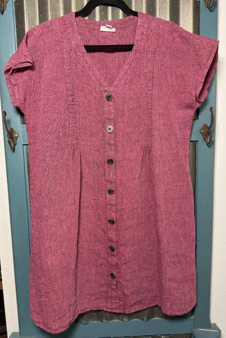 J.Jill Love 100% Linen Button Front Shirt Dress Berry Purple Medium Pintuck