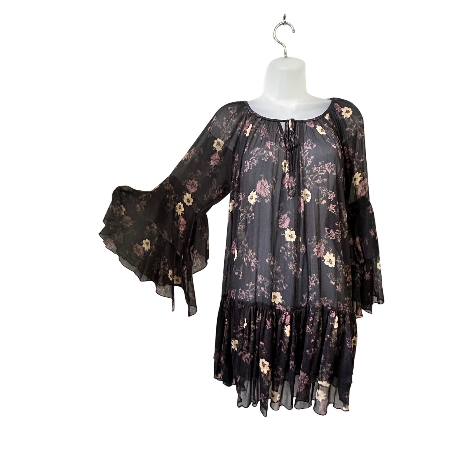 Free People Black Floral Sheer Bell Sleeve Ruffle Tiered Mini Dress Womens Small