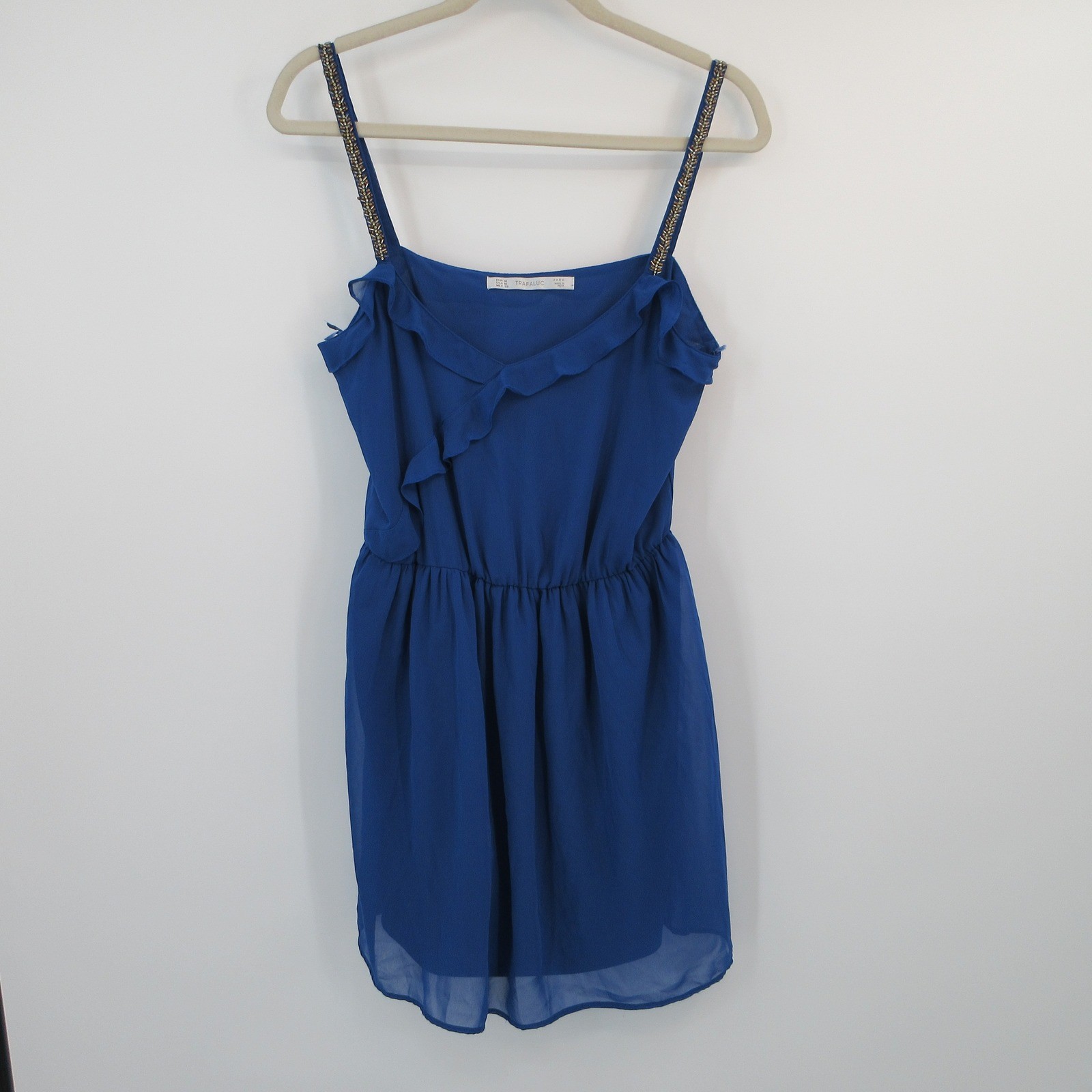 Zara Trafaluc Womens Royal Blue Ruffle Mini Dress Beaded Straps Size M Solid