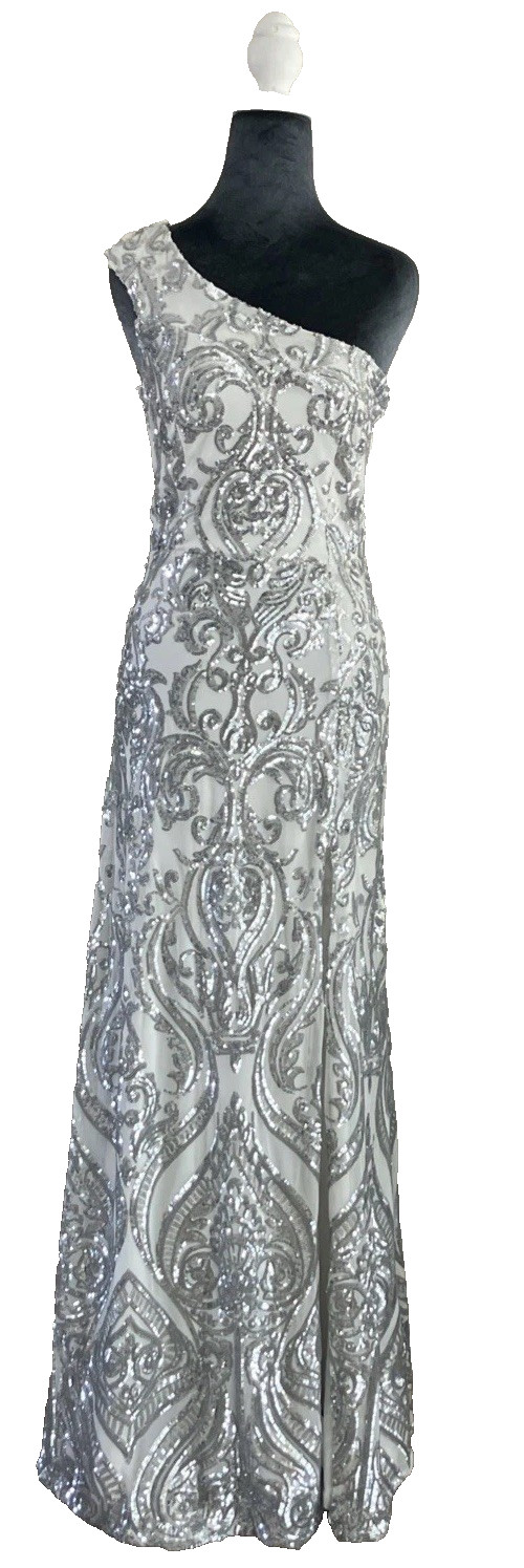 Windsor Floor Length Dress Gown Prom Formal Silver Sequence Side Slit Size Small
