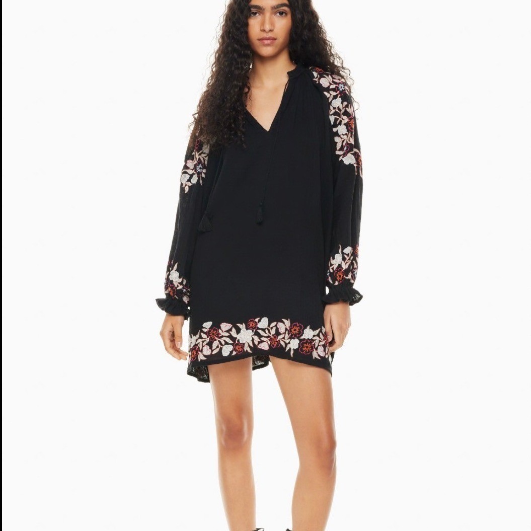 Aritzia Little Moon Black Embroidered Thalia Mini Dress Size S Boho Cottagecore
