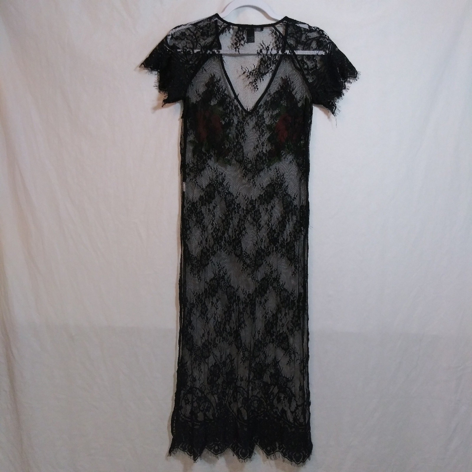 FOREVER 21 Sheer Mesh Midi Dress Whimsigoth Black Lace Pink Floral Applique Sz S