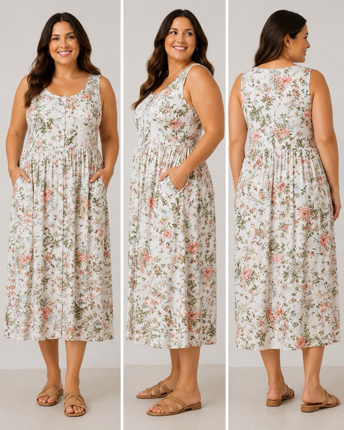 FRYE Women’s Large Floral Midi Dress Sleeveless Button Front Pockets Lined