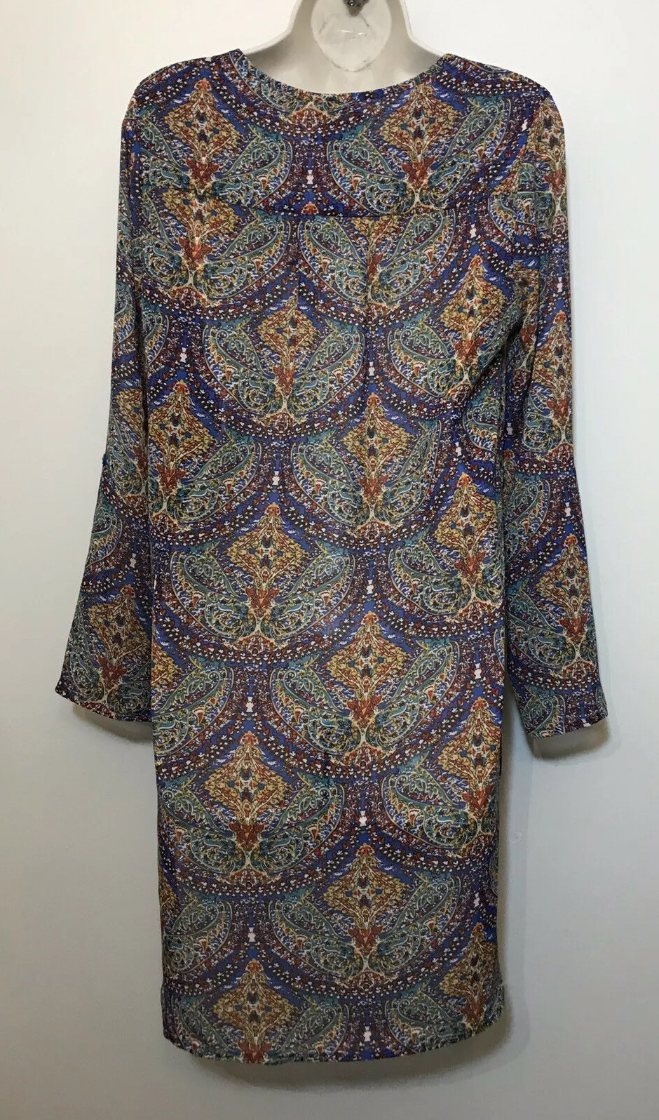 Bobeau Small Tunic Dress Blue & Green Long Sleeve Semi Sheer Lightweight