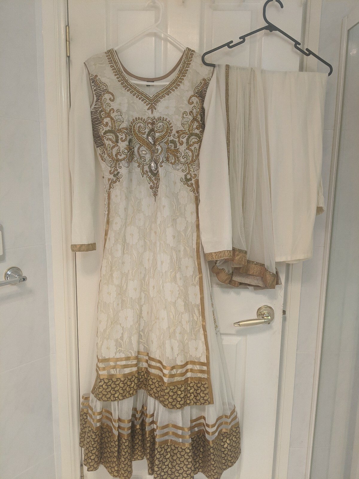 Pakistani beaded Anarkali cream white Lined adjustable gorgeous bridal 3 piece