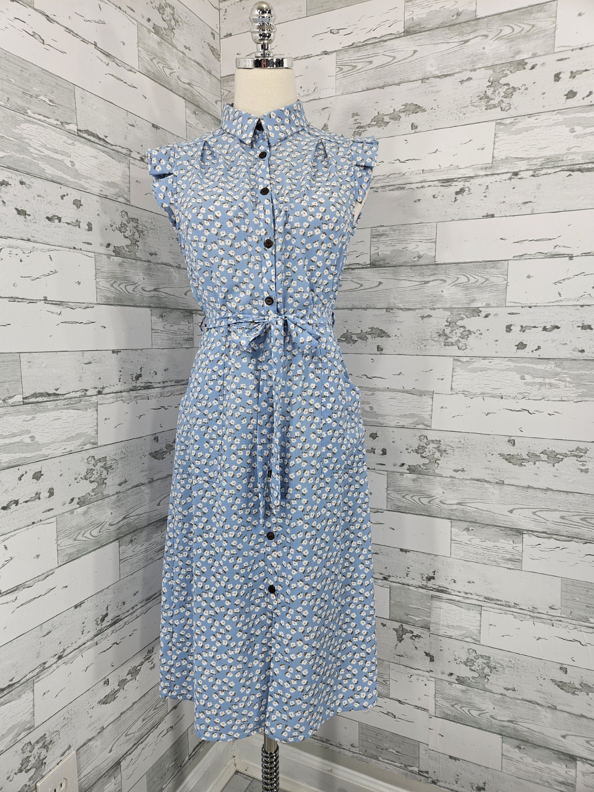 Monteau Womens Medium Coattage Blue Floral Print Shirt Dress