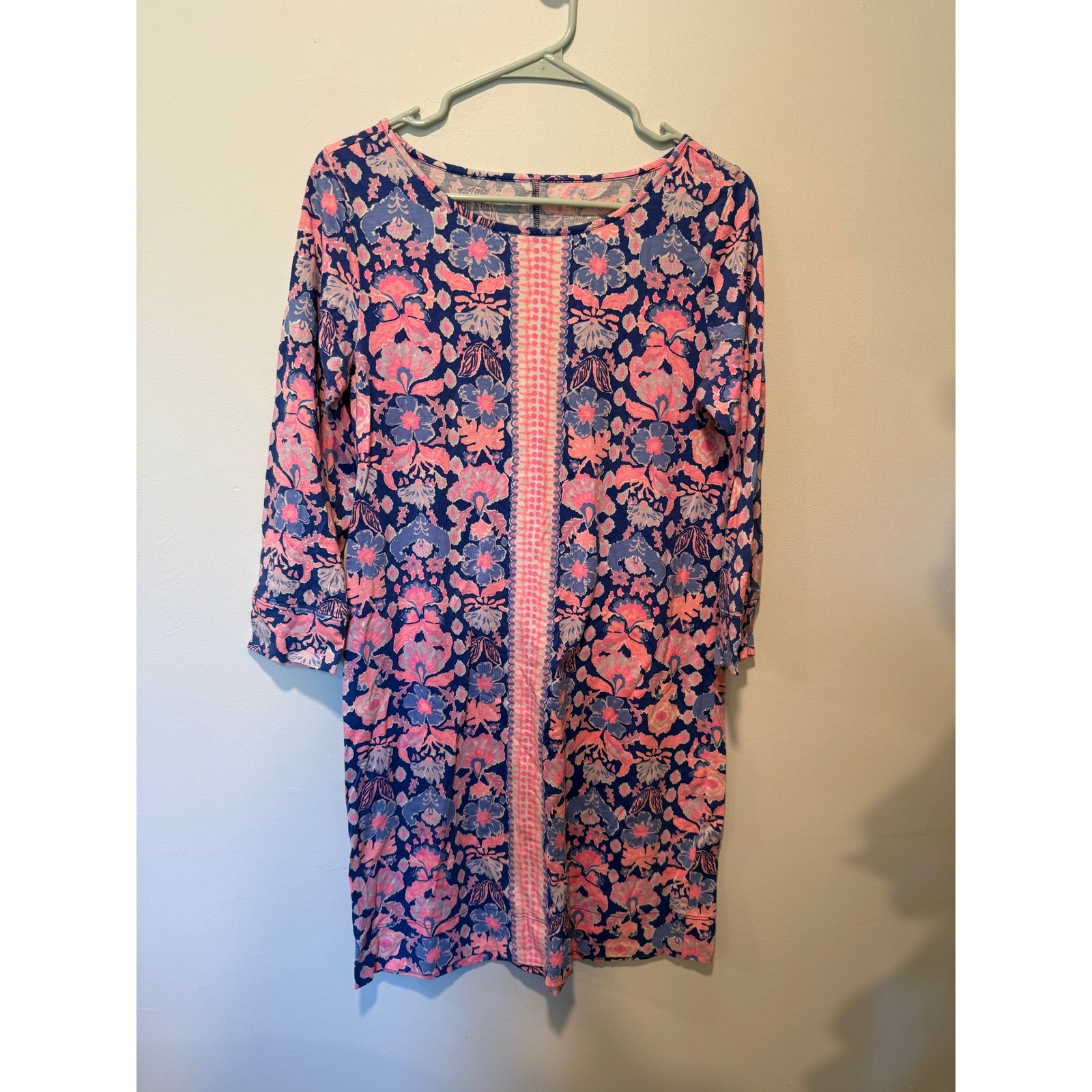 Lilly Pulitzer Pink Blue Floral Pima Cotton Shift Dress 3/4 Sleeve 20100 Medium