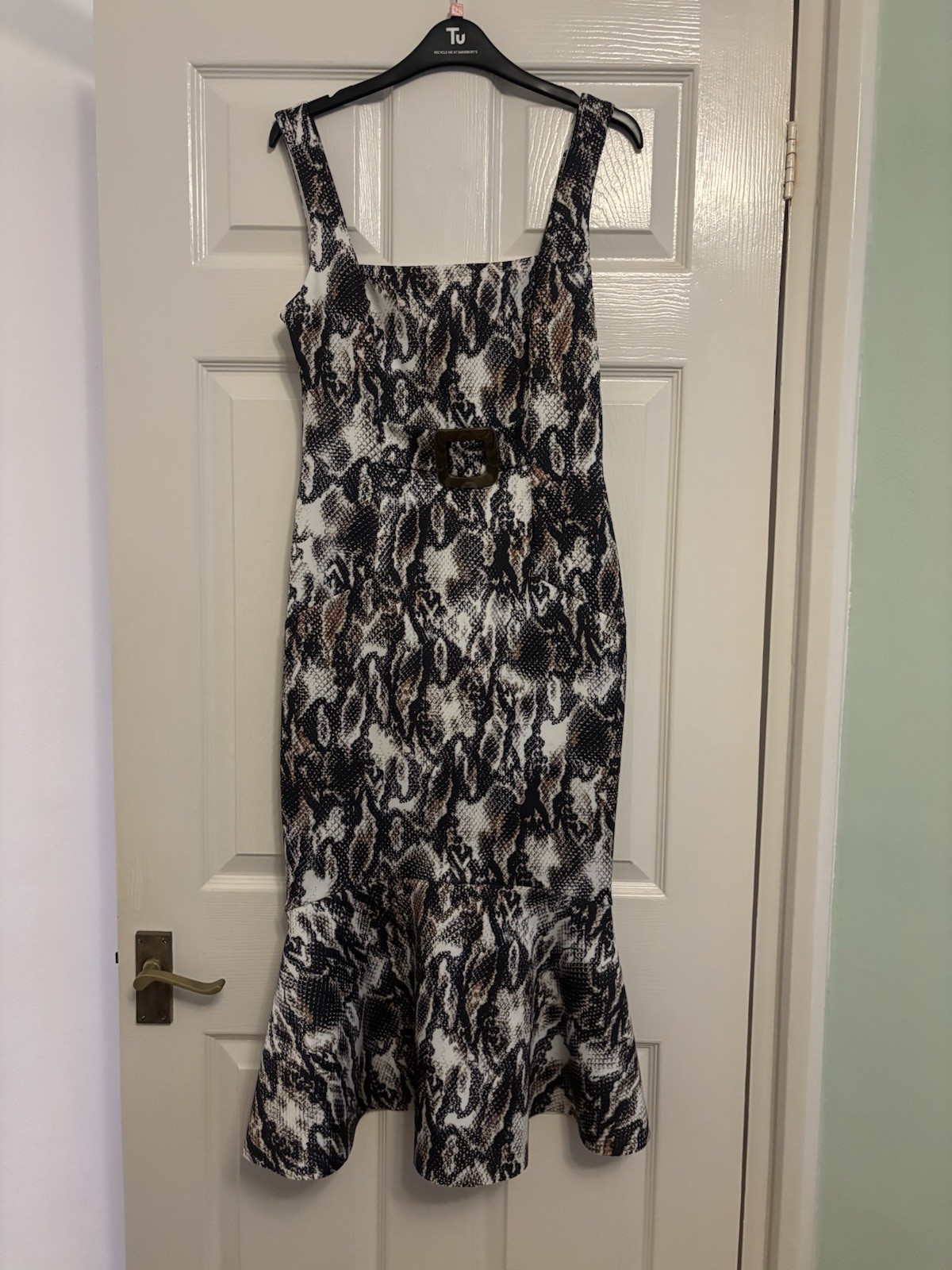 asos design animal snake print midi dress with pep hem and belt detail size 10