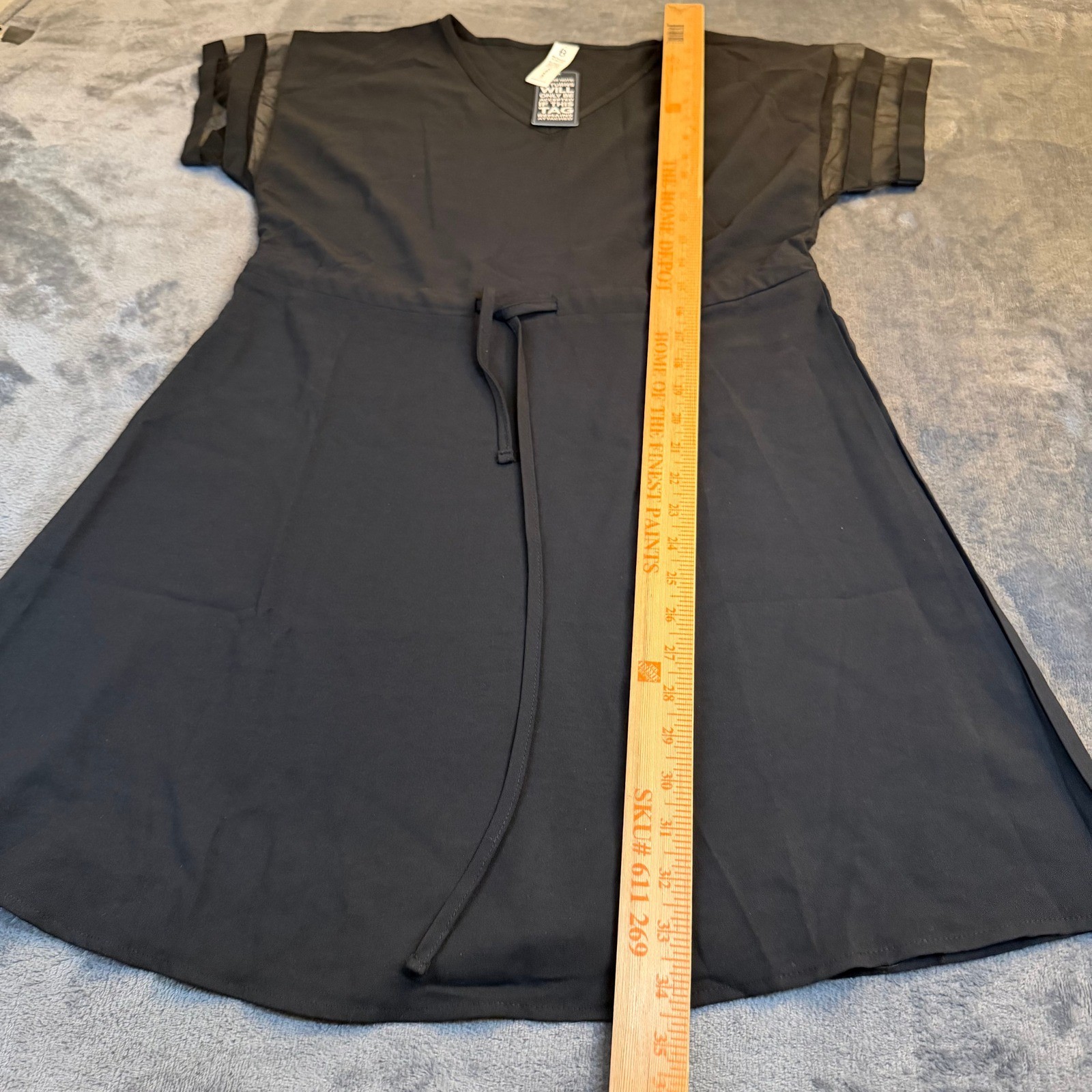 Black V Neck Sheer Sleeve Drawstring Waist A Line Dress Women’s NWT Size Small