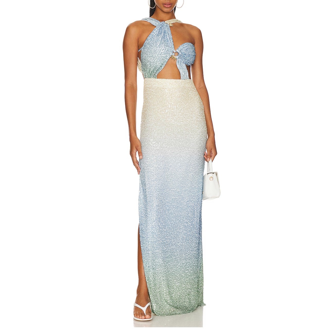 Meltem Ozbek Blue Sequin Gown SIZE 6 Cutout Ombre Formal Slit Designer $750 NEW