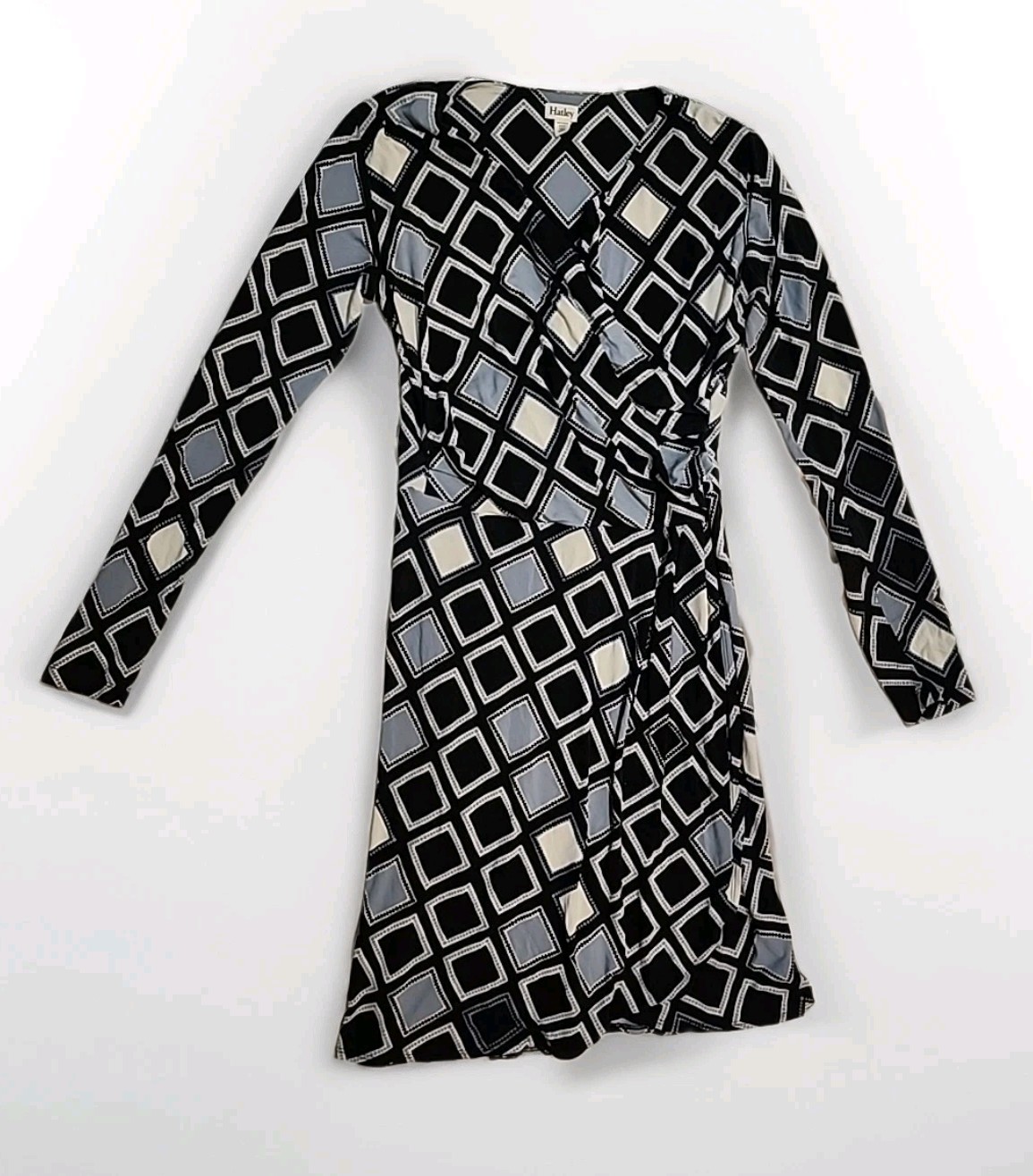 Hatley Faux Wrap Dress size Medium Geometric Print Navy Blue Stretch R1